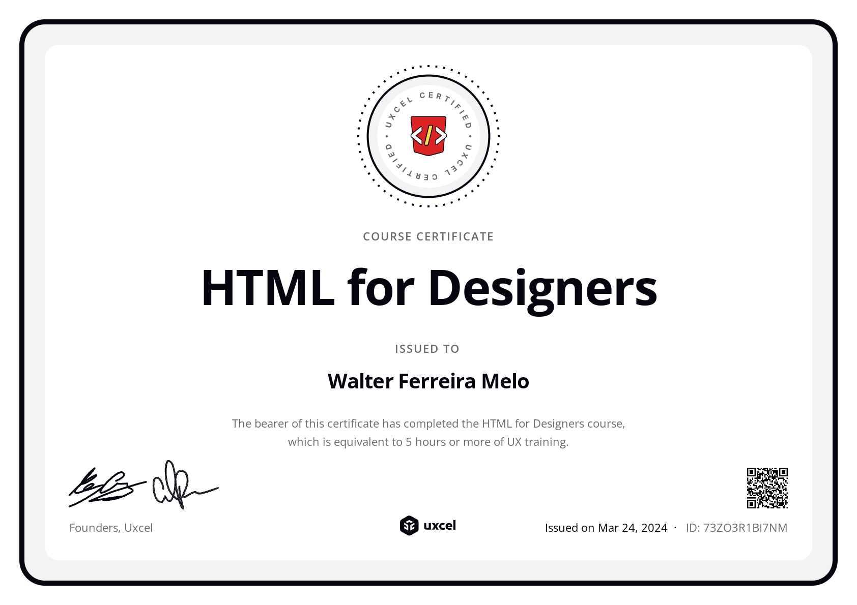 Walter Ferreira Melo's certificate